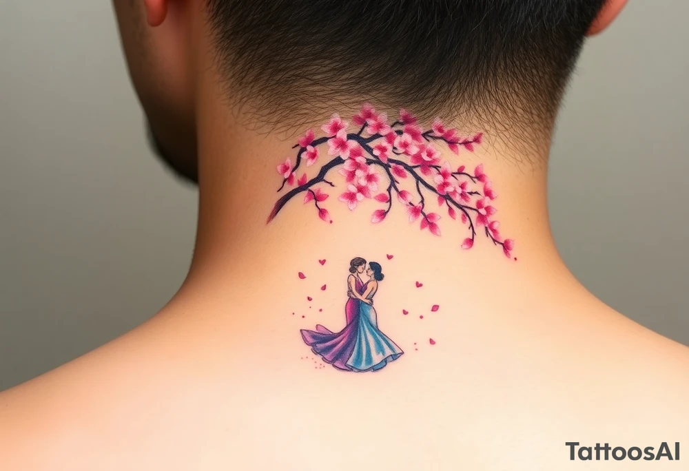 A watercolor-style couple dancing under a soft pink cherry blossom tree, with delicate petals falling around them tattoo idea