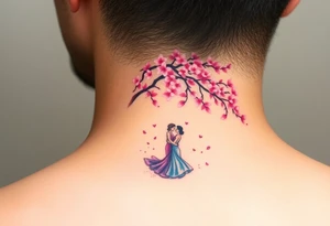 A watercolor-style couple dancing under a soft pink cherry blossom tree, with delicate petals falling around them tattoo idea