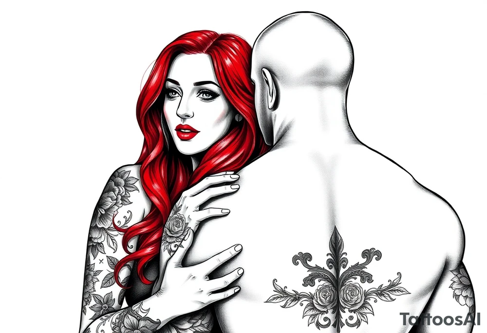 Woman with long red hair and red lipstick with lots of tattoos with  a bald muscular white man with tattoos getting married tattoo idea