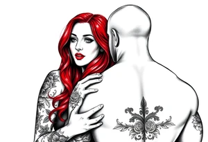 Woman with long red hair and red lipstick with lots of tattoos with  a bald muscular white man with tattoos getting married tattoo idea