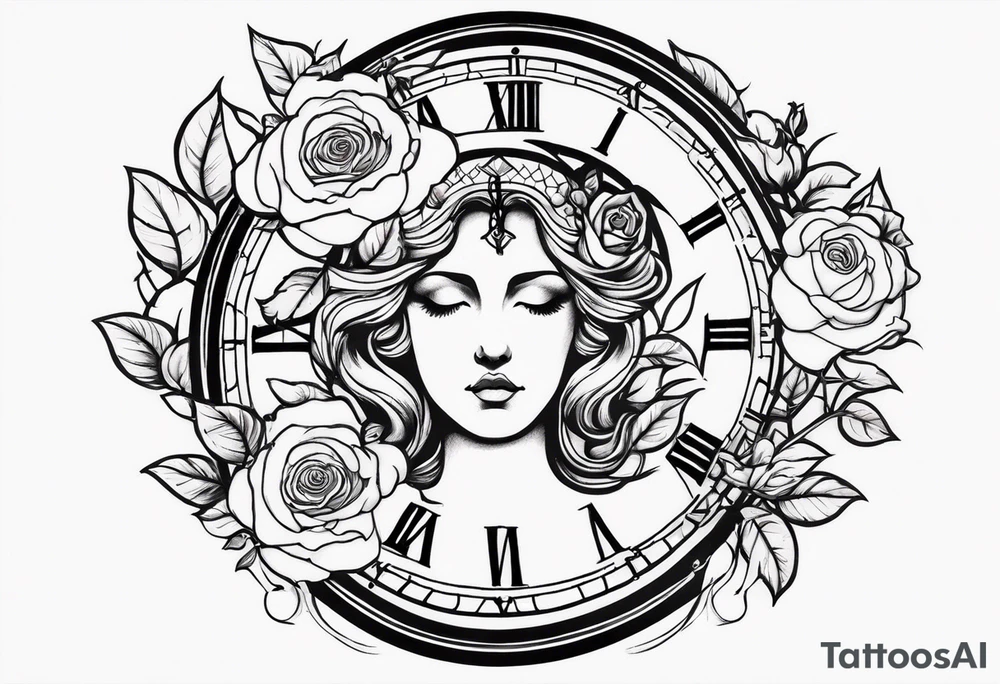 Clock with rose and greek mythology tattoo idea