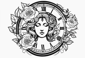 Clock with rose and greek mythology tattoo idea