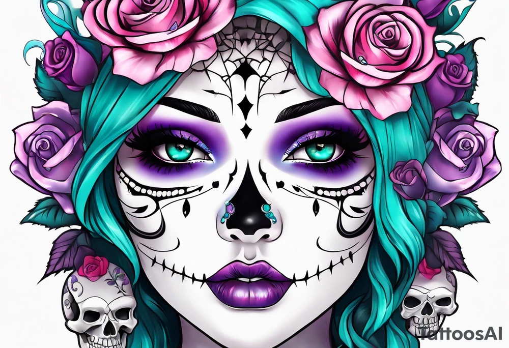 Chubby gothic girl, roses, skulls, teal, pink, purple tattoo idea