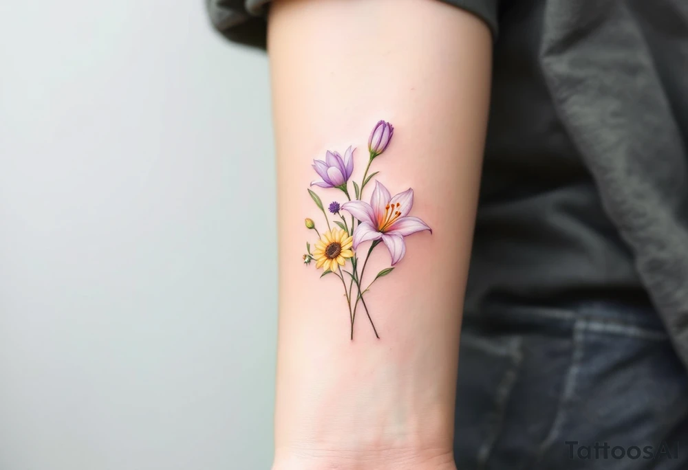 Small Stargazer lillies pale pink with no outline 
with small yellow sunflowers and pale purple tulip buds in a dainty wildflower bouquet with light green stems tattoo idea