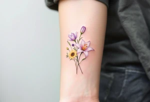 Small Stargazer lillies pale pink with no outline 
with small yellow sunflowers and pale purple tulip buds in a dainty wildflower bouquet with light green stems tattoo idea