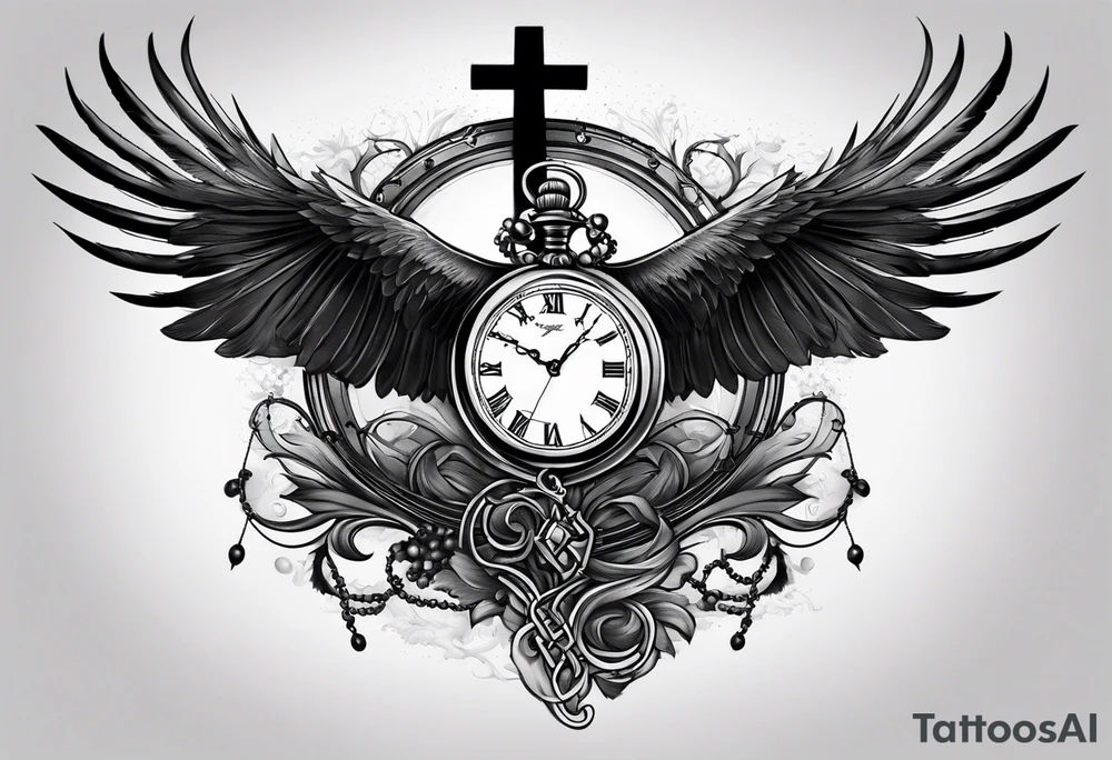 A cross wrapped in a rosary with a pocket watch and ravens flying in the background upper arm tattoo tattoo idea