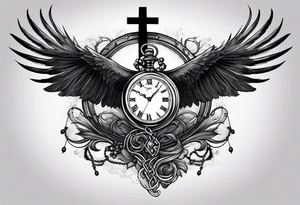 A cross wrapped in a rosary with a pocket watch and ravens flying in the background upper arm tattoo tattoo idea