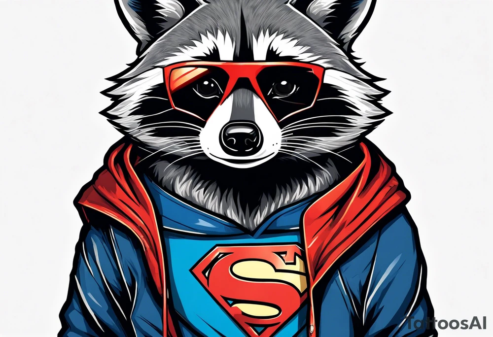 raccoon wearing a Superman hoodie tattoo idea