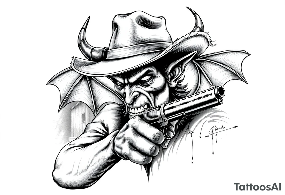 a demon with cowboy-hat ,a gun in a hand, old buildings in the background. tattoo idea