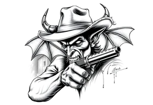 a demon with cowboy-hat ,a gun in a hand, old buildings in the background. tattoo idea