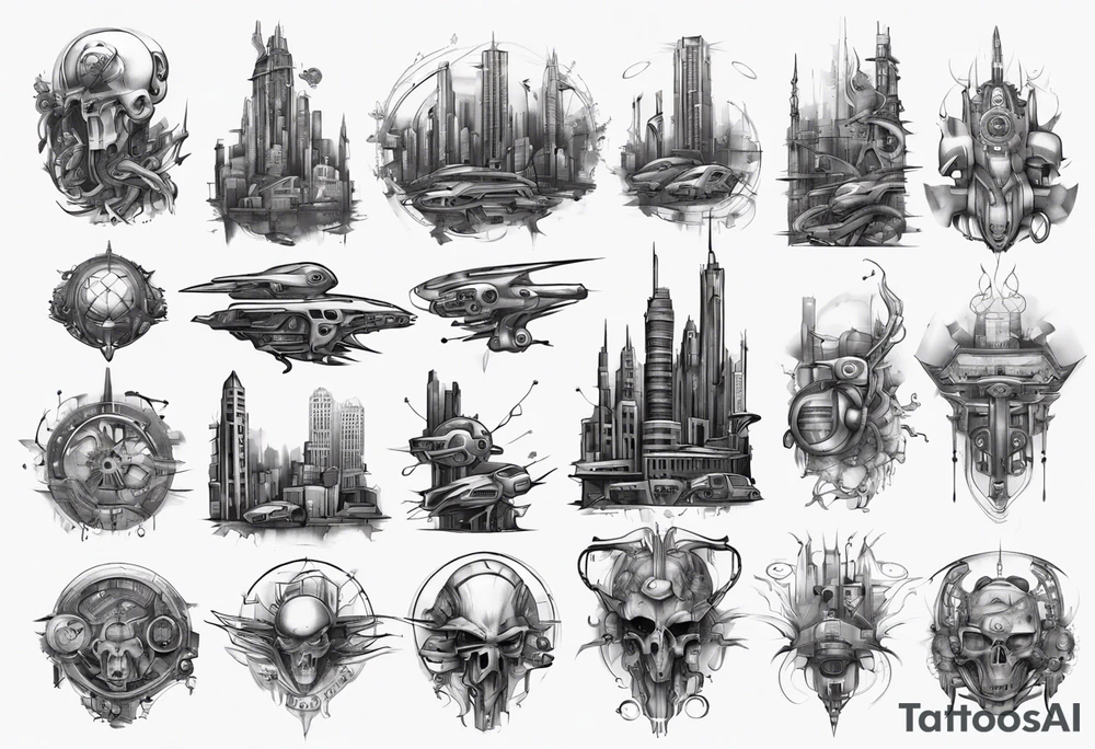 Cyberpunk style city tattoo idea