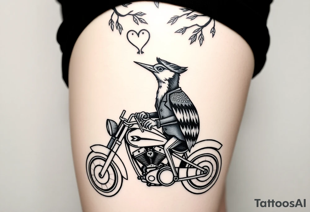 Woody the woodpecker wearing a leather vest that says peckerwoods, on a Harley Davidson under a willow tree, gazing in love at a barn owl tattoo idea
