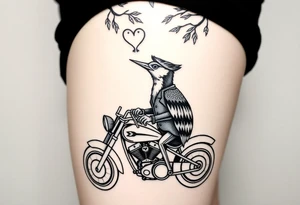 Woody the woodpecker wearing a leather vest that says peckerwoods, on a Harley Davidson under a willow tree, gazing in love at a barn owl tattoo idea