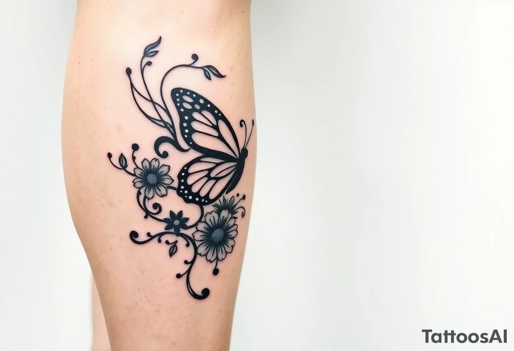 swirl pattern with butterfly and daisy leg tattoo design drawon on leg. i want to sell this in zepeto i want it too be shown on thigh to ankle and be asymmetrical please also show the overall image of total leg too 

ㅁ tattoo idea