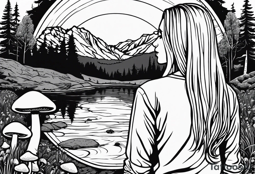 Whole picture encircled fully

Straight long blonde hair hippie girl in distance holding mushrooms in hand facing away toward mountains and creek surrounded by mushrooms long sleeve shirt and hiking pants; whole rendering within a full circle, no cut off circle tattoo idea