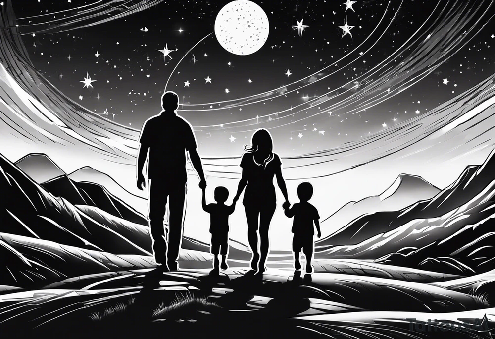 1 mom 1 dad  and 1 little kid walking looking the stars tattoo idea
