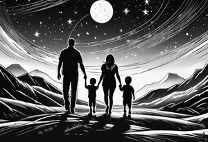 1 mom 1 dad  and 1 little kid walking looking the stars tattoo idea