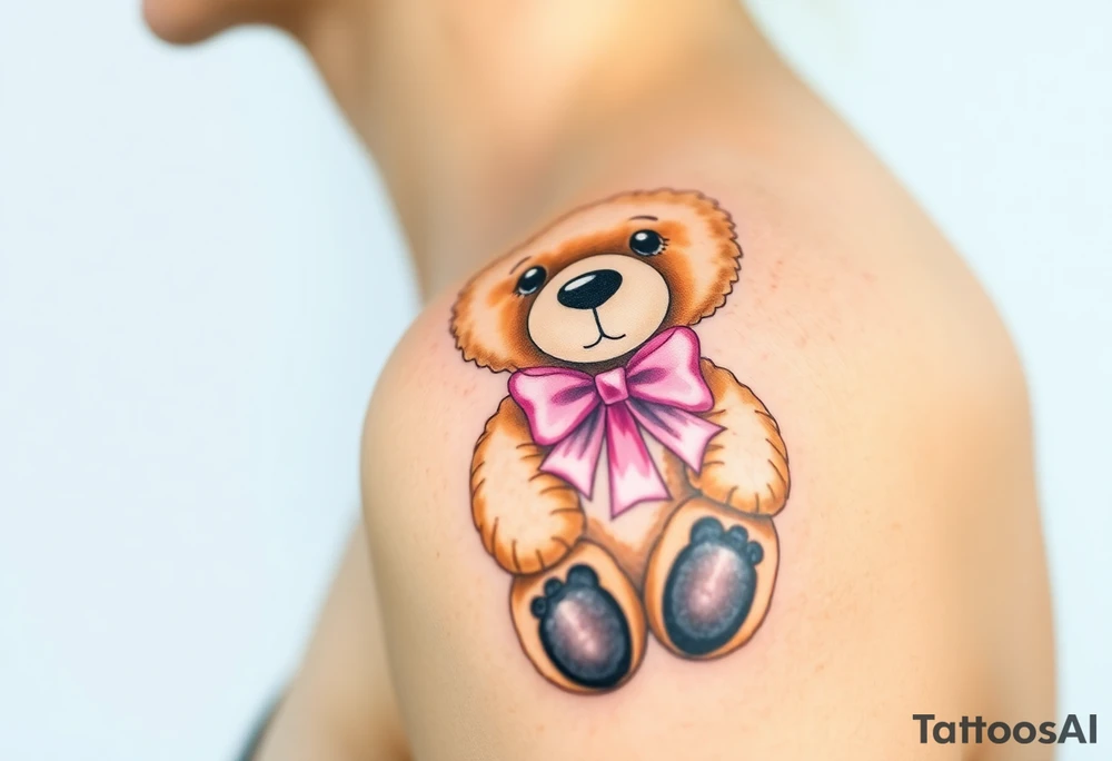 realistic tan teddy bear with black paws and a pink bow around its neck tattoo idea