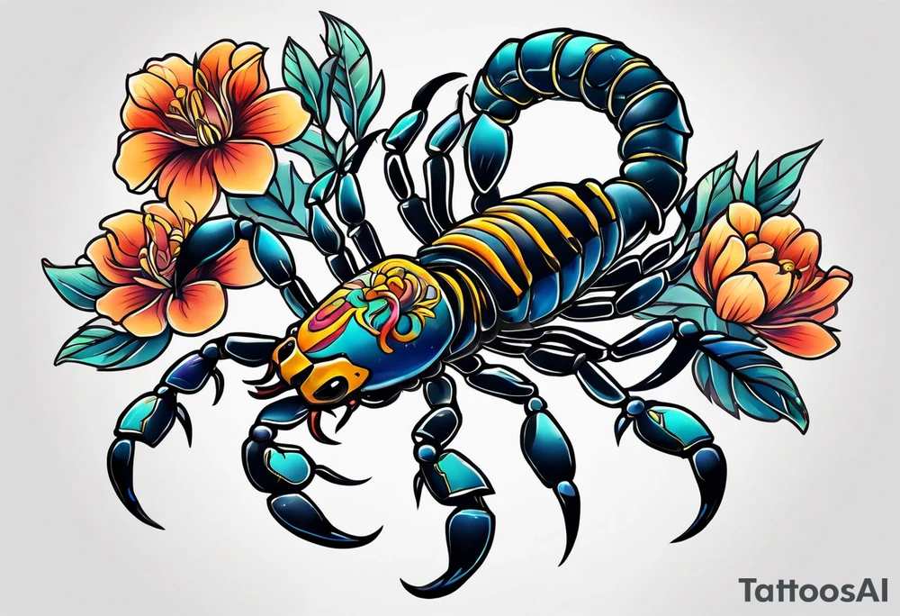 Scorpion tattoo with flowers tattoo idea