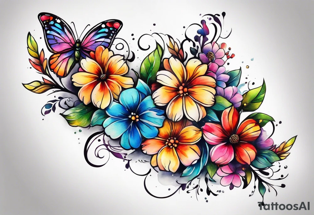 Arm sleeve with rainbow flowers and butterflies tattoo idea