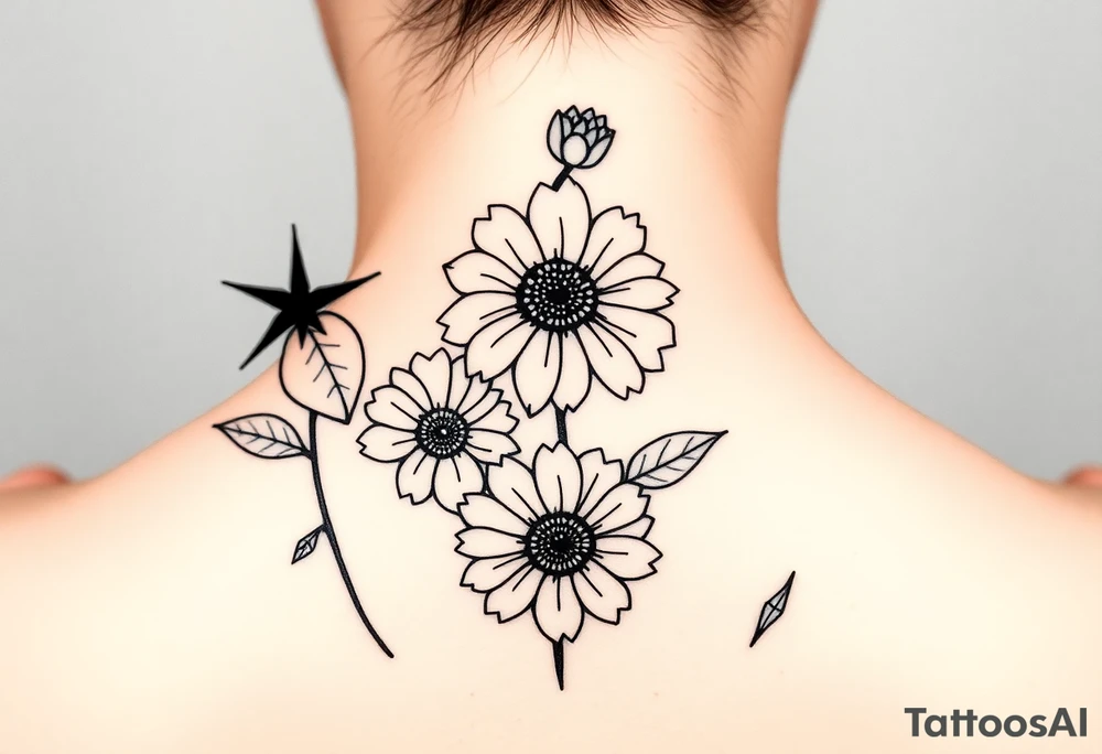 I was hoping to get Violets, honeysuckle, marigolds and chrysanthemums. Just outlines with some shading I like the geometric shapes within them and not a ton of leaves tattoo idea