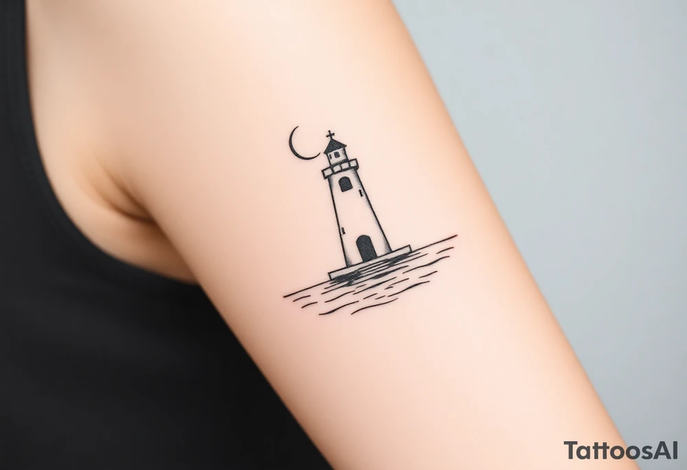 Girly light house on water with crescent moon tattoo idea