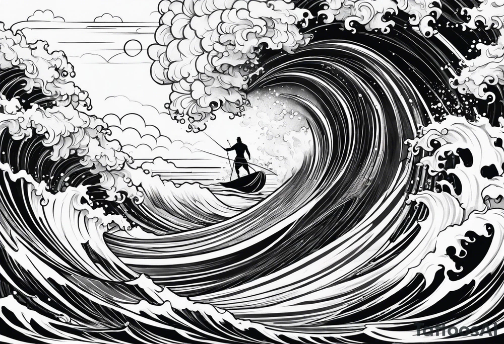 Poseidon im Vordergrund mit Windsurfer und Wellen im Hintergrund tattoo idea