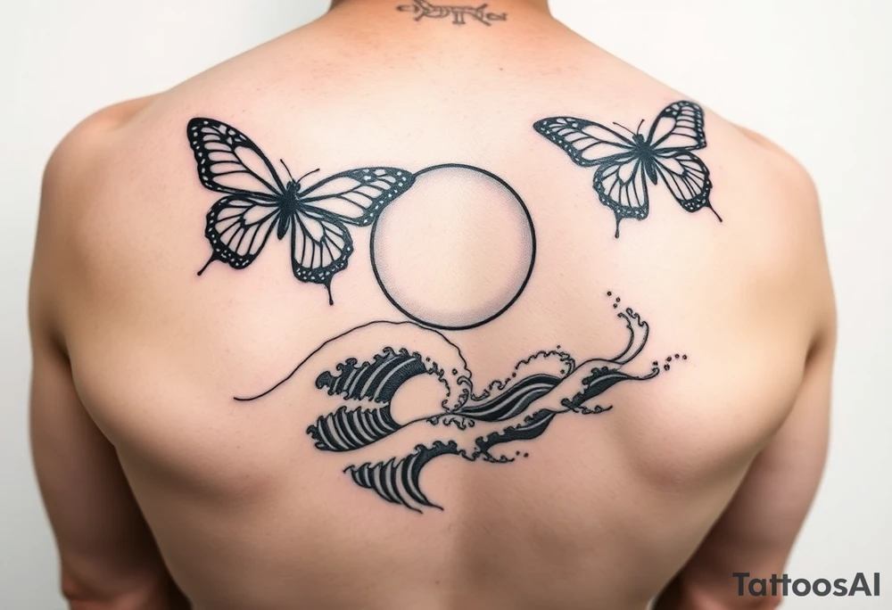 butterflies with the sun in the background and waves crashing tattoo idea