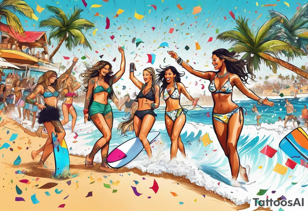 SURFING SAFARI BEACH DANCE 
PARTY WITH CONFETTI AND MUSIC NOTES, TROPICAL DRINKS, SEXY BIKINIS tattoo idea