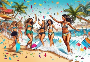 SURFING SAFARI BEACH DANCE 
PARTY WITH CONFETTI AND MUSIC NOTES, TROPICAL DRINKS, SEXY BIKINIS tattoo idea