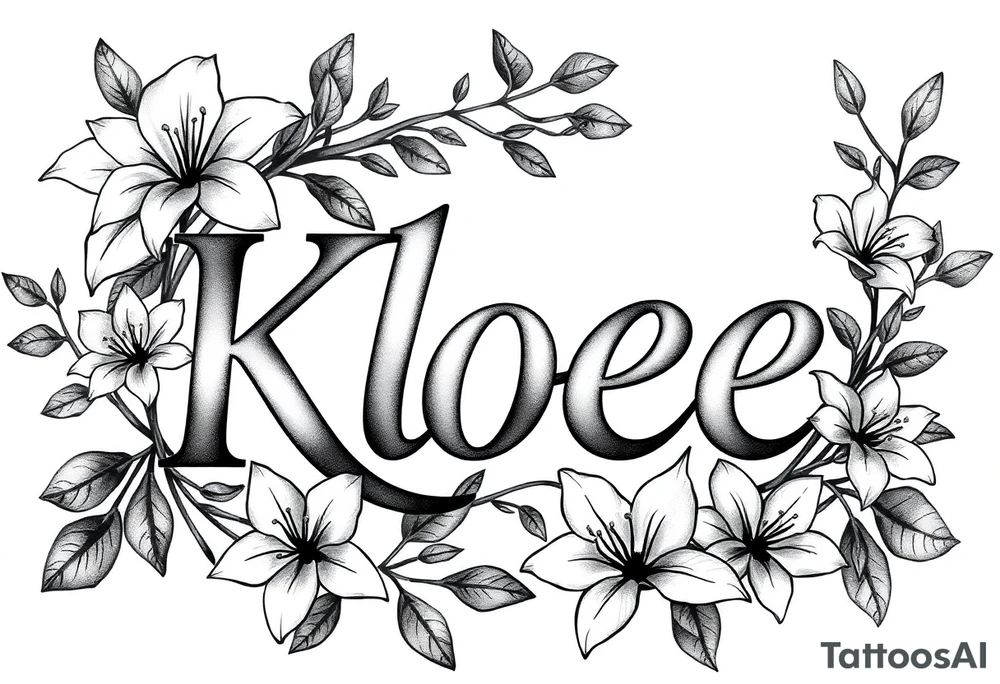 The word Kloee surrounded by lilies with the vines in letters tattoo idea