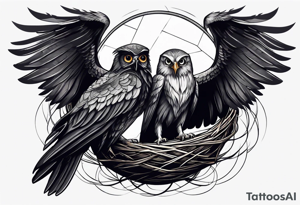Owl, raven, eagle cuddled in a nest, birdseye view tattoo idea