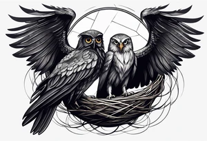 Owl, raven, eagle cuddled in a nest, birdseye view tattoo idea