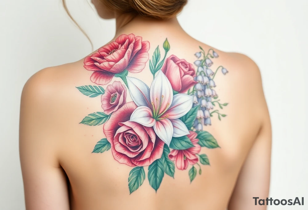 Bouquet of flowers with a carnation, rose, Lily of the valley, delphinium Running down Spain tattoo idea