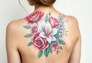 Bouquet of flowers with a carnation, rose, Lily of the valley, delphinium Running down Spain tattoo idea