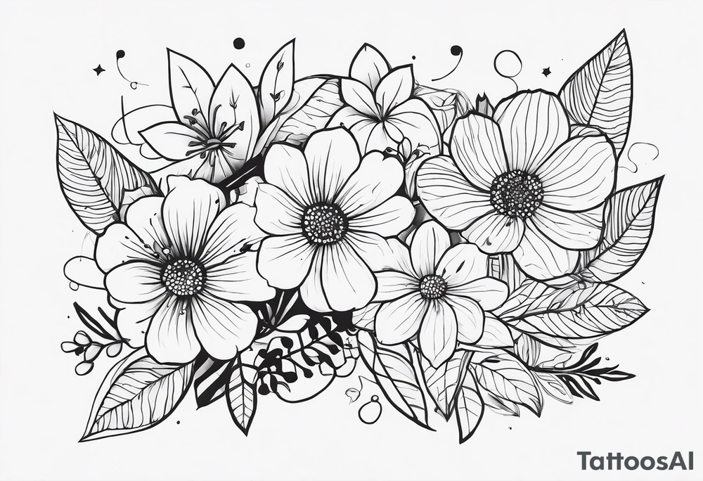 fine line  flowers surrrounded by greenary with powerful words some where in the tattoo more minimalist tattoo idea