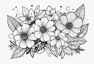fine line  flowers surrrounded by greenary with powerful words some where in the tattoo more minimalist tattoo idea