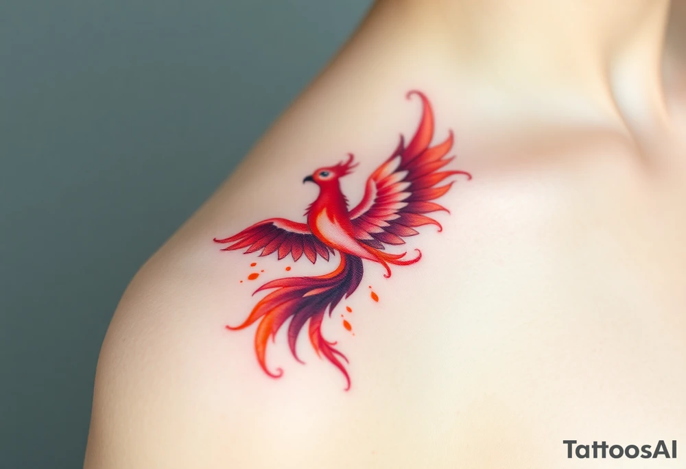 Square, phoenix rising from fire, colors red, pink, orange and purple. tattoo idea