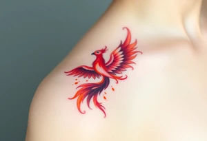 Square, phoenix rising from fire, colors red, pink, orange and purple. tattoo idea