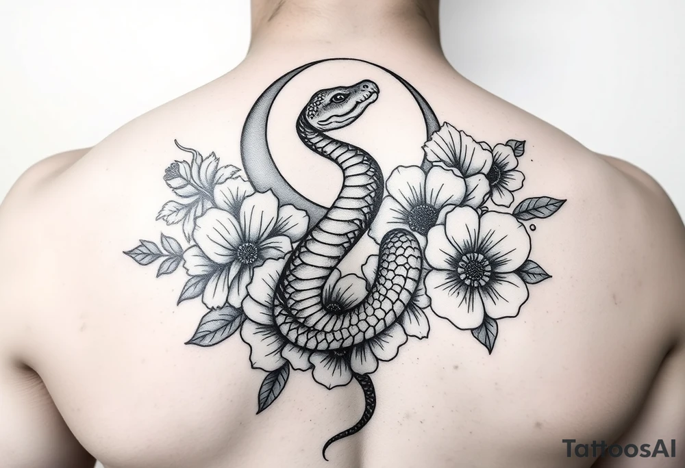 A snake slithering in different flowers with a crescent moon in the background, it should be meant for a shoulder tattoo tattoo idea