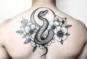A snake slithering in different flowers with a crescent moon in the background, it should be meant for a shoulder tattoo tattoo idea