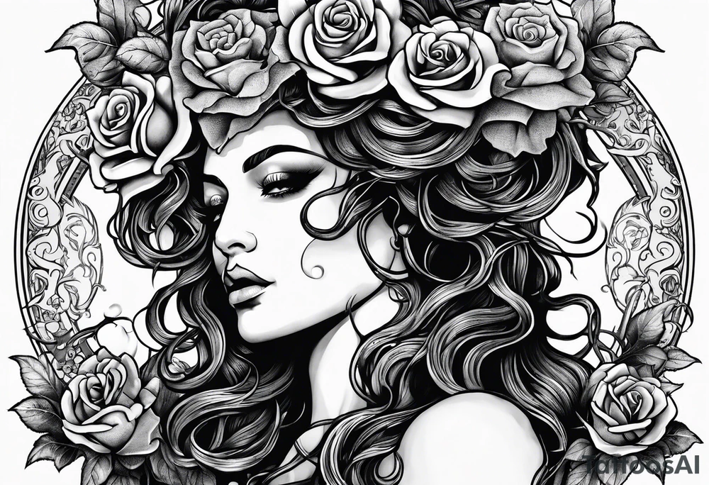 Medusa with decaying roses and the words never surrender at the base tattoo idea