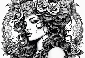 Medusa with decaying roses and the words never surrender at the base tattoo idea