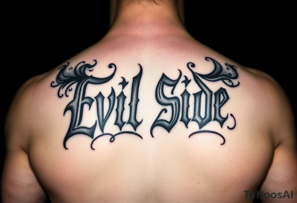 powerful bold cover up saying Evil Side black and with shading and smoke around it gangsta writing old english tattoo idea