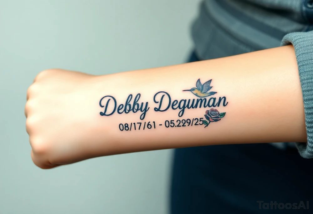 Tattoo of the exact name Debby Deguzman in chunky curly cursive with the exact dates of 08/17/61-05/29/25 surrounded by 1 hummingbird and 1 rose tattoo idea