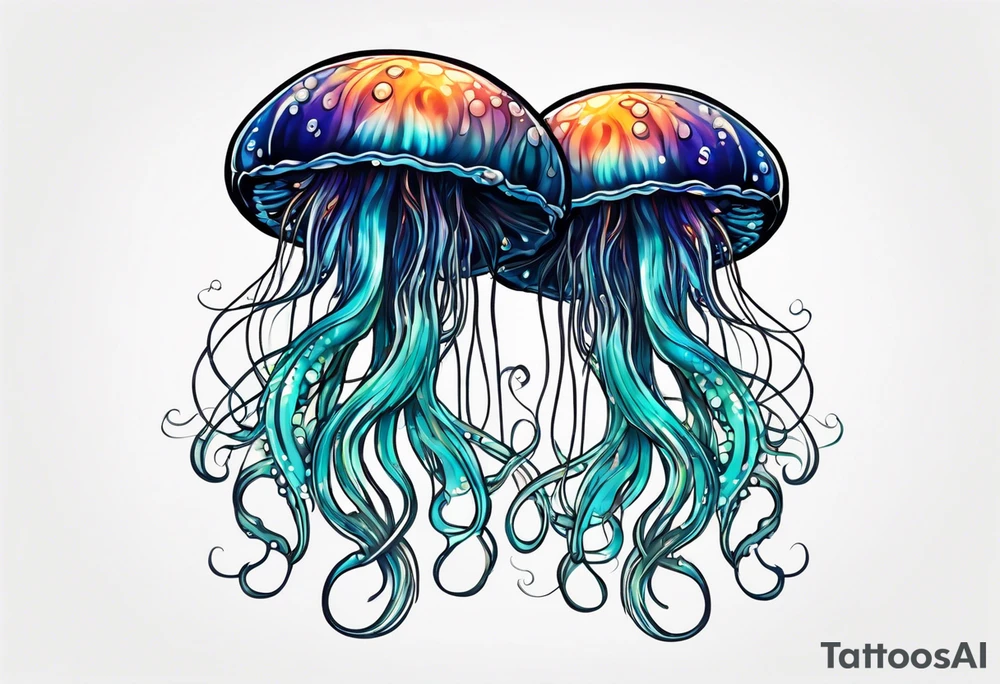 two jellyfish swimming together, one larger than the other, both with long tentacles of varying lengths and design tattoo idea