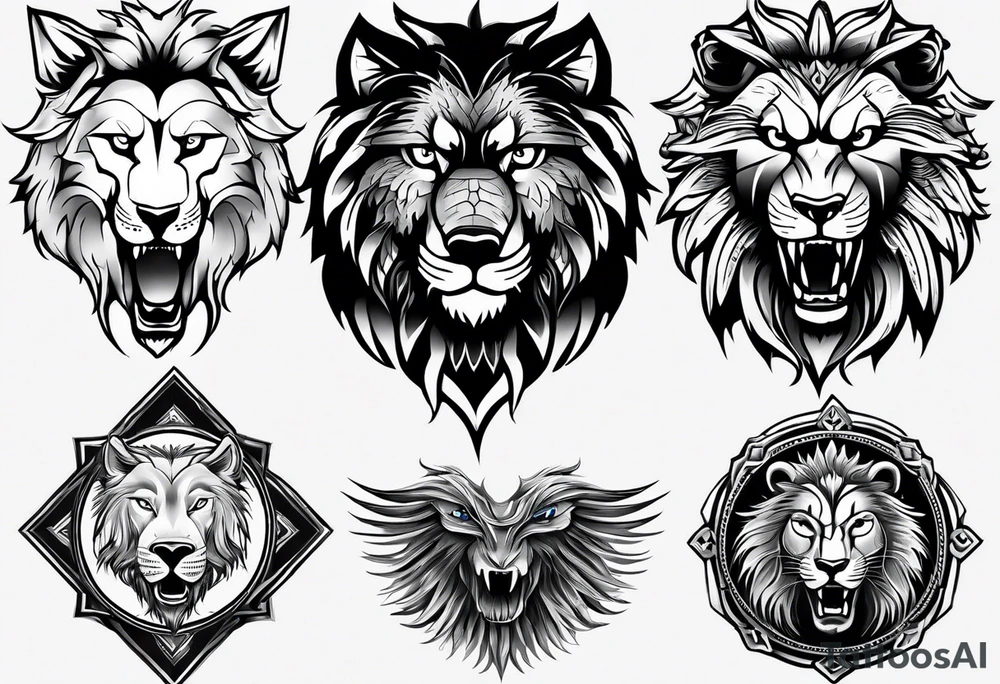 Tattoo a wolfs face on the left, a lions face in the middle and an eagle's face on the right tattoo idea