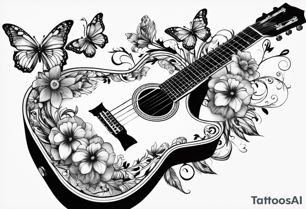Guitar with flowers growing off the side, butterflies, small tattoo idea