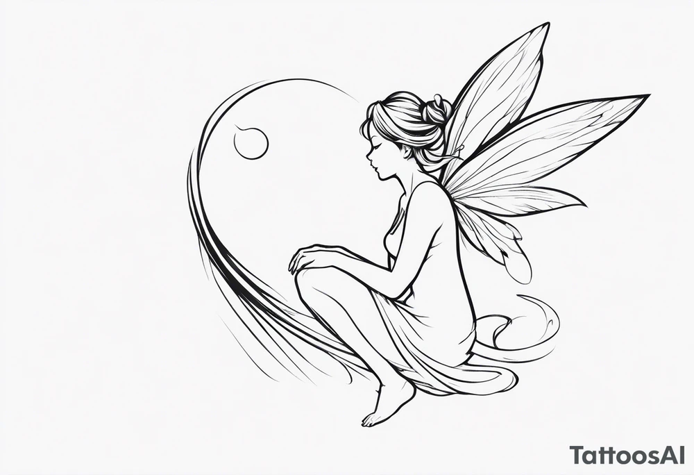 Minimalistic, monochromatic fairy with a tail flying to the left in a fetal position, leaning and looking in the same direction, with visible hands, embodying the 'Fairy Tail' logo aesthetic. tattoo idea