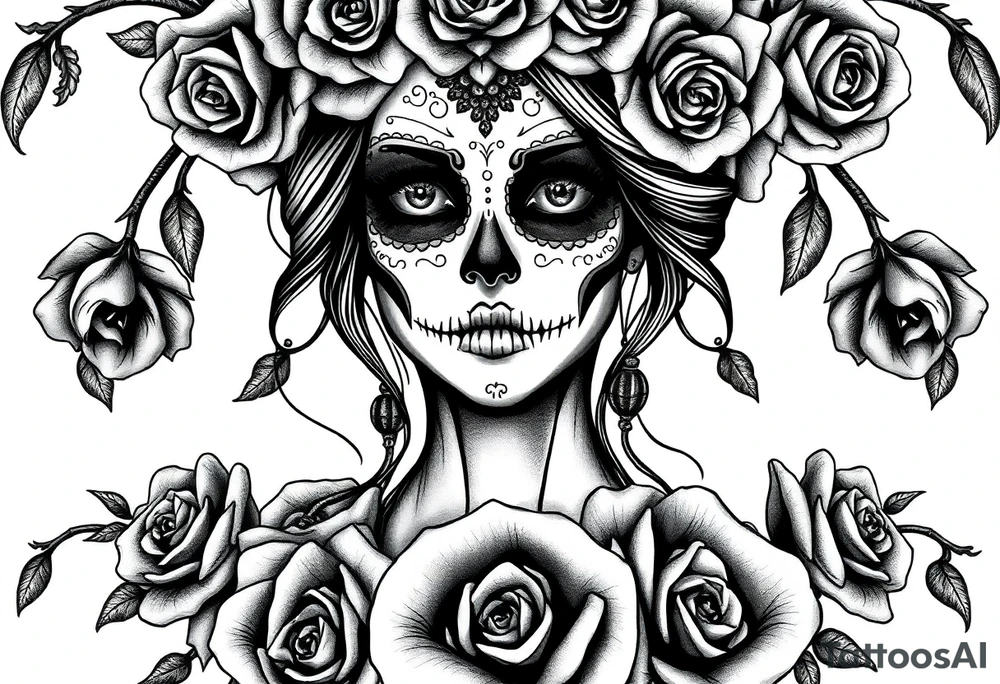 Powerful and beautiful day of the dead female,  surrounded by unclaimed souls and roses tattoo idea